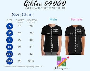 Tabla de tallas de camiseta unisex Gildan 64000 (pulgadas/cm), Tabla de tallas digital, Tabla de tallas de maqueta de camiseta Gildan,