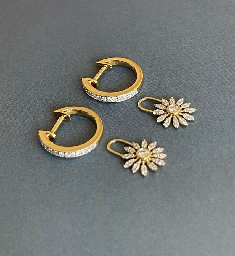 18ct Yellow Gold Diamond Hoop Earrings 0.31ct Removable Charm Daisy Drop image 5