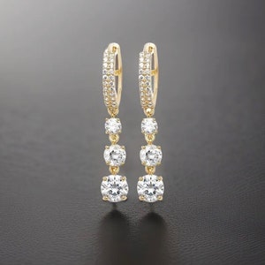 9ct Yellow Gold Drop Earrings Trilogy Round Hoops Zirconia image 7