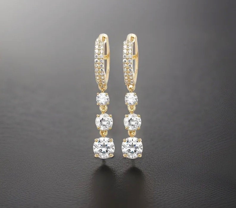 9ct Yellow Gold Drop Earrings Trilogy Round Hoops Zirconia image 7