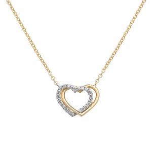 9Ct Gold Heart Necklace, Cz And Plain Entwined Heart Necklet, Heart Charm Pendant, Entwined Heart, CZ Heart Necklace, Gold Heart Necklet