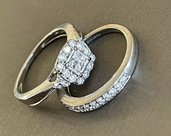 9ct White Gold Diamond Ring Square Halo 0.60 Bridal Set Eternity Band Size K