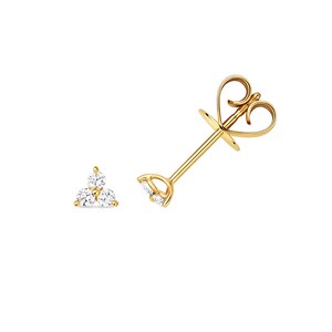 May include: Gold stud earrings, each with three clear gemstones in a triangular cluster. The earrings have a decorative heart-shaped backing. The gemstones are set in a gold setting. The earrings are a delicate piece of jewellery.