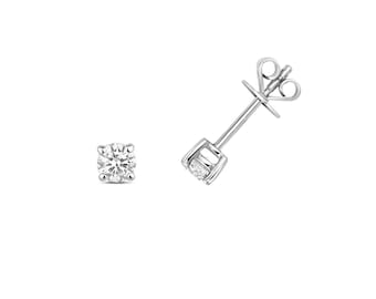 May include: Two diamond stud earrings on a white background. One earring is upright, and the other is angled, showing the post and butterfly backing. The diamonds are round-cut and set in a silver metal.