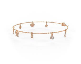 0.59ct Charms Diamond Anklet in 9ct Rose Gold butterfly Heart Sandal Star Flower Ankle Bracelet 8 inch chain