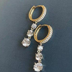 9ct Yellow Gold Drop Earrings Trilogy Round Hoops Zirconia image 3