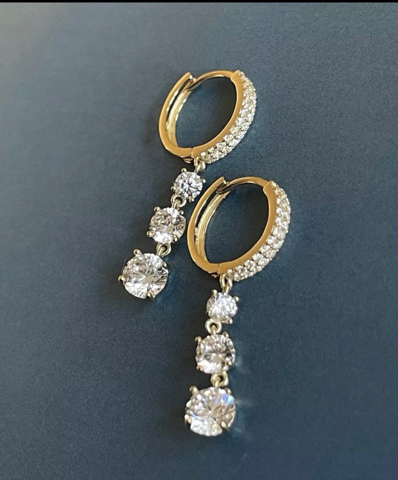 9ct Yellow Gold Drop Earrings Trilogy Round Hoops Zirconia image 3