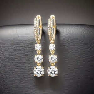 9ct Yellow Gold Drop Earrings Trilogy Round Hoops Zirconia image 5