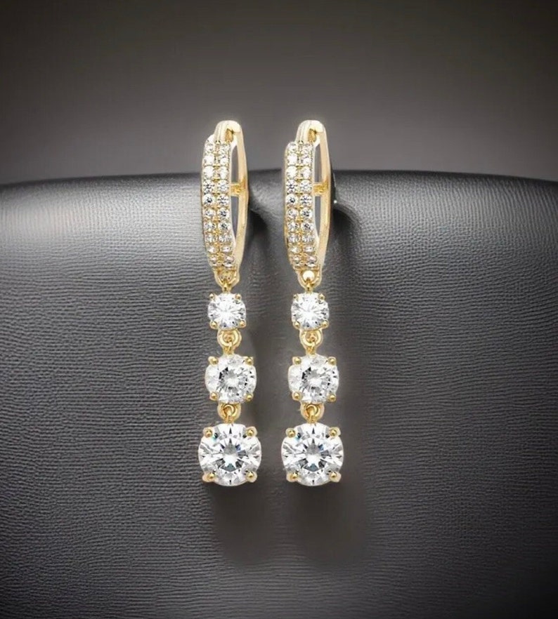 9ct Yellow Gold Drop Earrings Trilogy Round Hoops Zirconia image 5