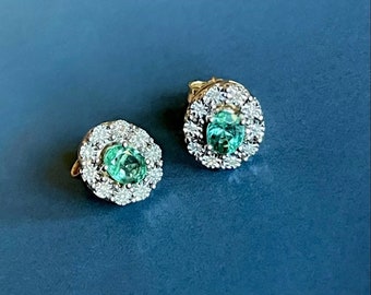 9ct Yellow Gold Emerald Diamond Earrings Halo Oval Studs