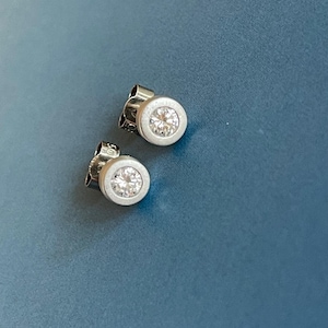 Solitaire Diamond Earrings 18ct White Gold Bezel Matt Studs