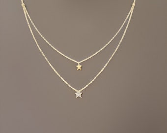 9Ct Gold Necklace Plain And Cz Star Double Chain Necklet