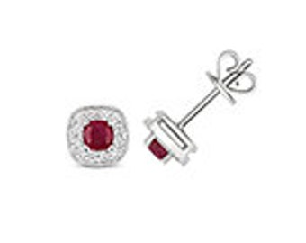 Diamond & Ruby Cushion Cluster Studs In 9Ct White Gold