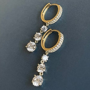 9ct Yellow Gold Drop Earrings Trilogy Round Hoops Zirconia image 1