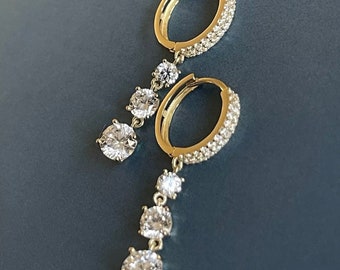 9ct Yellow Gold Drop Earrings Trilogy Round Hoops Zirconia