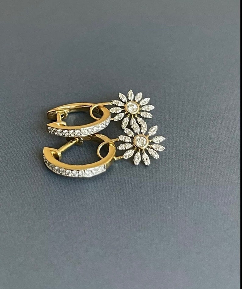 18ct Yellow Gold Diamond Hoop Earrings 0.31ct Removable Charm Daisy Drop image 4