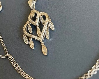 9ct White Gold Diamond Necklace 0.50ct Pendant Art Deco Chandelier 16” Chain