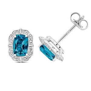 9 Karat Gold Diamant & London Blautopas Ohrstecker, Kissenschliff Ohrringe, Blautopas Ohrringe, Diamant Ohrstecker, 9 Karat Gold Ohrstecker, Gold Cluster Ohrstecker