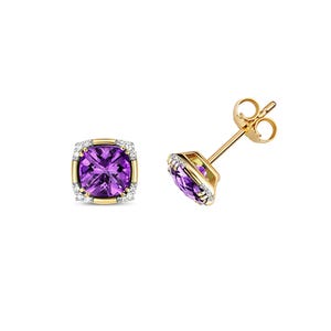 9Ct Gold Diamond & Amethyst Studs, Cushion Set Studs, Amethyst Diamond Studs, 9Ct Gold Earrings, Mini Studs For Women&#39;s, Fine Jewelry Studs