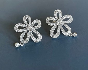 18ct White Gold Diamonds Earrings with Plumeria Flower Charm, Luxury Spring Floral Earrings, Delicate Designer Earrings, Girlfriend Gifts