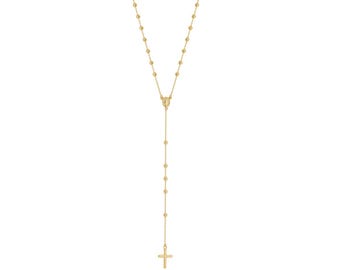 9ct Gold Rosary Necklace, Cross Necklet, Baptism Long Necklace, Beaded Necklace, Gold Charm Necklace, Dainty Gold Necklace, Rosary Necklace