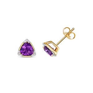 9Ct Gold Diamond & Amethyst Studs, Rounded Triangle Amethyst, Corner Set Gemstone, Minimalist Earrings, 9Ct Gold Earrings, Gold Gift For Her