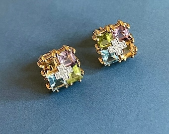 Pendientes de oro amarillo de 9 ct con diamantes, amatista, topacio, peridoto, piedras preciosas cuadradas.