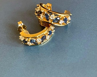 18ct Yellow Gold Solitaire Diamond Sapphire Earrings 6g Half Hoop Studs Hoops