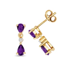9Ct Gold Diamond & Amethyst Drop Earrings, Gold Amethyst Drop, Mini Diamond Studs, Amethyst Earrings, Diamond Drop Earrings, 9Ct Yellow Gold