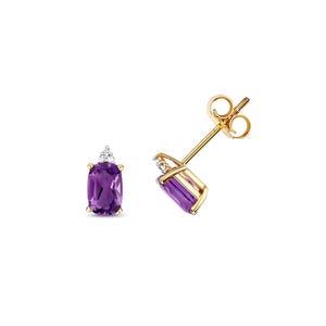 Diamond & Amethyst Studs, 9Ct Gold Mini Studs, Gold Minimalist Earrings, Oval Claw Set Earrings, Women&#39;s Jewelry, Fine Jewelry Studs
