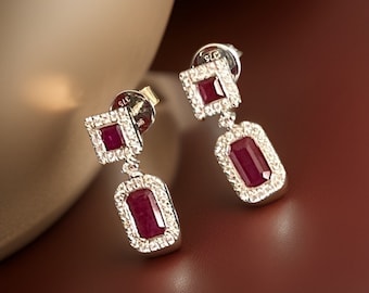 Diamond & Ruby Square And Octagon Cluster Drops In 9Ct White Gold