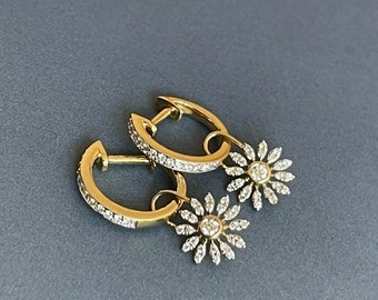 18ct Yellow Gold Diamond Hoop Earrings 0.31ct Removable Charm Daisy Drop, Diamond Hoop Earrings, Yellow Gold Hoops, Daisy Earrings