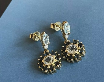 14ct Yellow Gold Diamond Sapphire Earrings Drop Dangle With Aquamarine Cocktail
