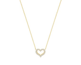 9Ct Gold Necklace Cz Open Heart Necklet, Hollow Heart Pendant, Open Heart Necklace, Gold Heart Necklet, Minimalist Jewelry, Dainty Necklace