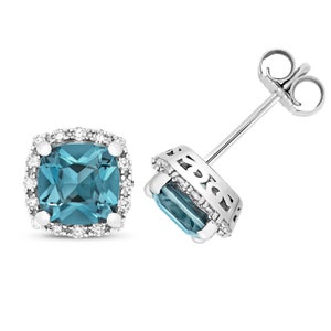 Diamond & London Blue Topaz Cushion Cluster Studs In 9Ct White Gold, Topaz Studs, Diamond Studs, White Gold, Fine Jewelry, Cluster Earrings