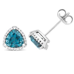 Diamond & London Blue Topaz Studs, 9Ct White Gold Earrings, Rounded Triangle Cluster Studs, Minimalist Jewelry, Diamond Gold Stud Earrings