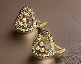 18ct Yellow Gold Dancing Diamond Earrings Floating Heart Leverback