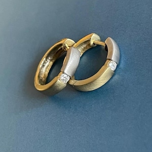 Solitaire Diamond Hoops in 9ct Yellow White Gold Brushed finish Earrings
