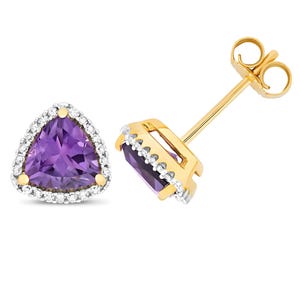 9Ct Gold Diamond & Amethyst Studs, Rounded Triangle Cluster Earrings, 9Ct Gold Studs, Minimal Diamond Jewelry, Women&#39;s Gemstone Jewelry