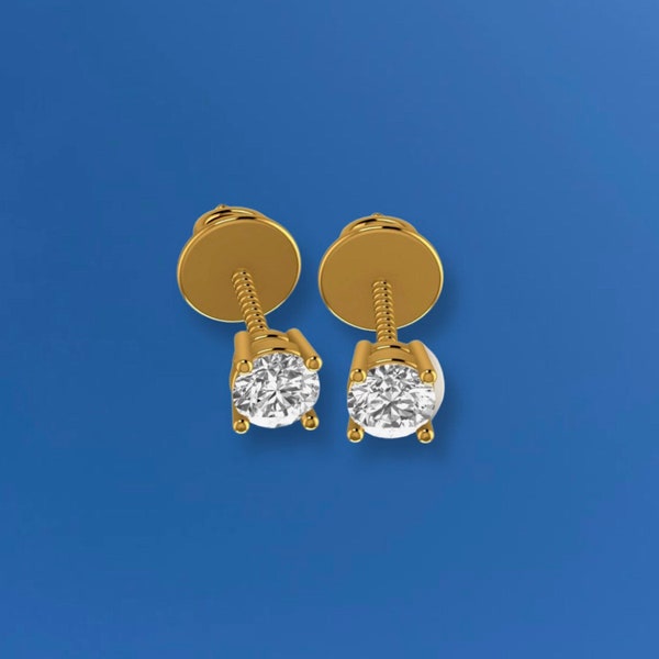 18ct Yellow Gold Solitaire Diamond Earrings 1ct Studs Bespoke With Screwbacks