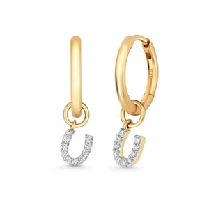 9Ct Gold Diamond Horseshoe Hoop Earrings, Horseshoe Charm Earrings, Diamond Earring Charm, Gold Horseshoe Earrings, Dainty Gold Earrings