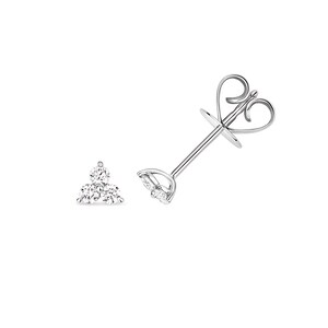 May include: A pair of silver stud earrings, each featuring a cluster of three clear gemstones. The earring posts and backs are silver. The earrings are presented against a white backdrop.