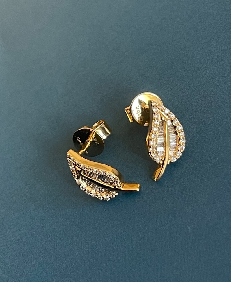 18ct Yellow Gold Diamond Earrings 0.45ct Leaf studs Swiss designer image 6