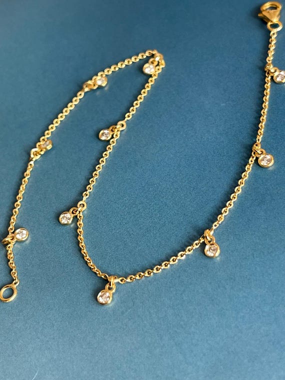 9ct Yellow Gold Diamond Anklet Bracelet raindrop inch