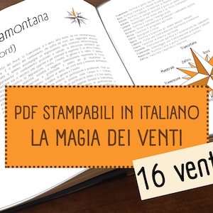 May include: A close-up of a book page with a compass rose and text in Italian about the 16 winds. The text reads "PDF Stampabili in Italiano La Magia dei Venti 16 Venti".