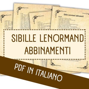 May include: Several vintage-style paper sheets with the text "Sibille Lenormand Abbinamenti" in brown. The phrase "PDF in Italiano" is on a brown banner. Each sheet has decorative corner designs and lists of text.