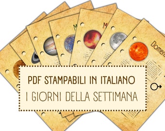 Zauberbuch auf Italienisch, Wochentage in Magie, druckbare digitale Seiten auf Italienisch für das Zauberbuch und für das Buch der Schatten