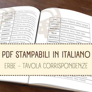 Może przedstawiać: Zbliżenie na otwartą książkę, na której stronie znajduje się tabela z listą ziół i ich właściwości w języku włoskim. Tytuł strony brzmi "PDF STAMPABILI IN ITALIANO ERBE - TAVOLA CORRISPONDENZE".