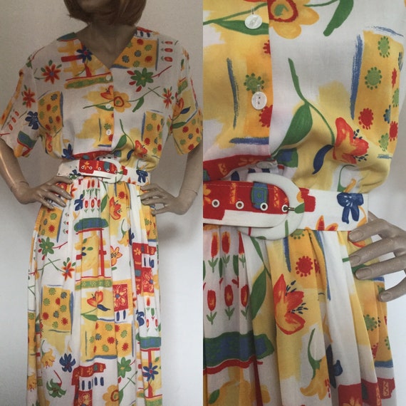 Vintage 1980s Bianco Print Dress, Buttoned, Belted