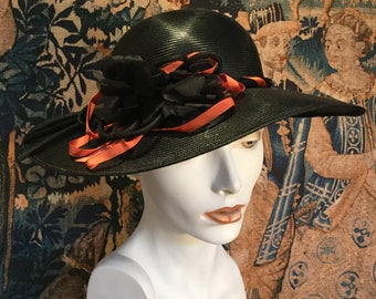 Fashion Hazard - 1960s Vintage Connor Glazed Black Sisal Picture Hat with Orange and Black Feature Flower and Piping